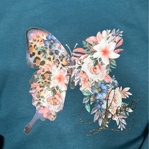 Gildan Teal Sweater with Floral Butterfly Design - Picture 3 of 5